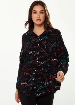 Women's Shirt with Multicolour Signature Pattern in Black - Long Sleeves, Classic Collar, Button-Up Style, Regular Fit