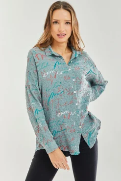 Women’s Shirt with Multicolour Signature Pattern in Mint - Collar & cuffs, Full length sleeves, Regular fit, UK sizes 8-12.