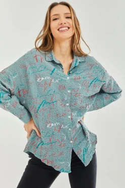 Women’s Shirt with Multicolour Signature Pattern in Mint - Collar & cuffs, Full length sleeves, Regular fit, UK sizes 8-12.