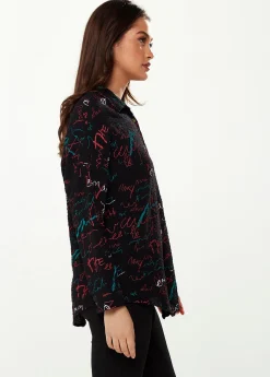 Women's Shirt with Multicolour Signature Pattern in Black - Long Sleeves, Classic Collar, Button-Up Style, Regular Fit