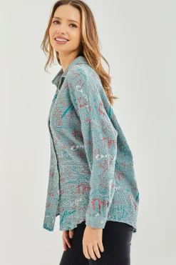 Women’s Shirt with Multicolour Signature Pattern in Mint - Collar & cuffs, Full length sleeves, Regular fit, UK sizes 8-12.