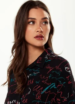 Women's Shirt with Multicolour Signature Pattern in Black - Long Sleeves, Classic Collar, Button-Up Style, Regular Fit