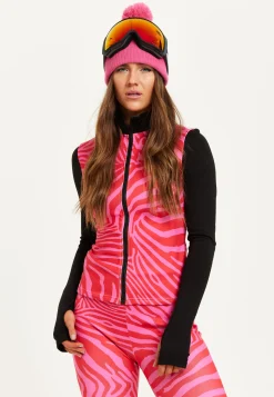 Women's Ski Base Layer Top in Pink Zebra Print with Zip Fastening, Regular Fit, and Thumbhole Cuffs for Comfort