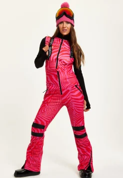 Women’s Ski Waterproof Salopette in Pink Zebra Print - Sleeveless, Adjustable Straps, Skinny Fit, Zip Fastening, Side Pockets