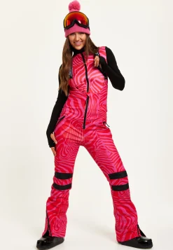 Women’s Ski Waterproof Salopette in Pink Zebra Print - Sleeveless, Adjustable Straps, Skinny Fit, Zip Fastening, Side Pockets