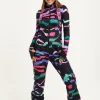 Women's Ski Waterproof Sleeveless Salopette in Black Abstract Print with Adjustable Straps and Zip Side Pockets