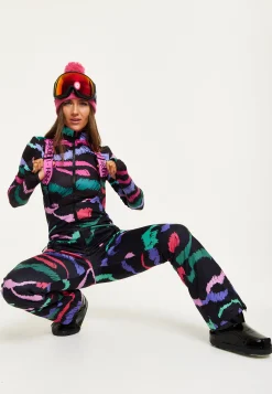 Women's Ski Waterproof Sleeveless Salopette in Black Abstract Print with Adjustable Straps and Zip Side Pockets