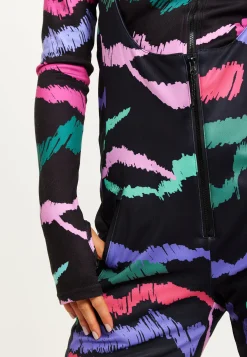 Women's Ski Waterproof Sleeveless Salopette in Black Abstract Print with Adjustable Straps and Zip Side Pockets