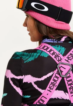Women's Ski Waterproof Sleeveless Salopette in Black Abstract Print with Adjustable Straps and Zip Side Pockets