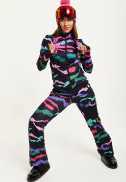 Women's Ski Waterproof Sleeveless Salopette in Black Abstract Print with Adjustable Straps and Zip Side Pockets