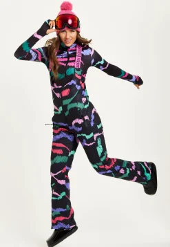 Women's Ski Waterproof Sleeveless Salopette in Black Abstract Print with Adjustable Straps and Zip Side Pockets