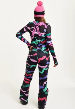 Women's Ski Waterproof Sleeveless Salopette in Black Abstract Print with Adjustable Straps and Zip Side Pockets