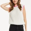 Women's Super Soft Sleeveless Ribbed Knit Sweater Vest - White & Pink with Contrast Trim for Versatile Styling