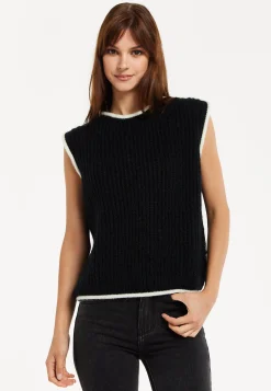 Women’s Super Soft Sleeveless Ribbed Knit Sweater Vest - Black & White with Modern Contrasting Trim