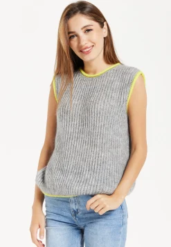 Women's Super Soft Sleeveless Ribbed Knit Sweater Vest - Grey with Contrasting White Trim