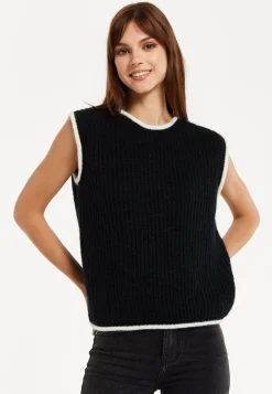 Women’s Super Soft Sleeveless Ribbed Knit Sweater Vest - Black & White with Modern Contrasting Trim