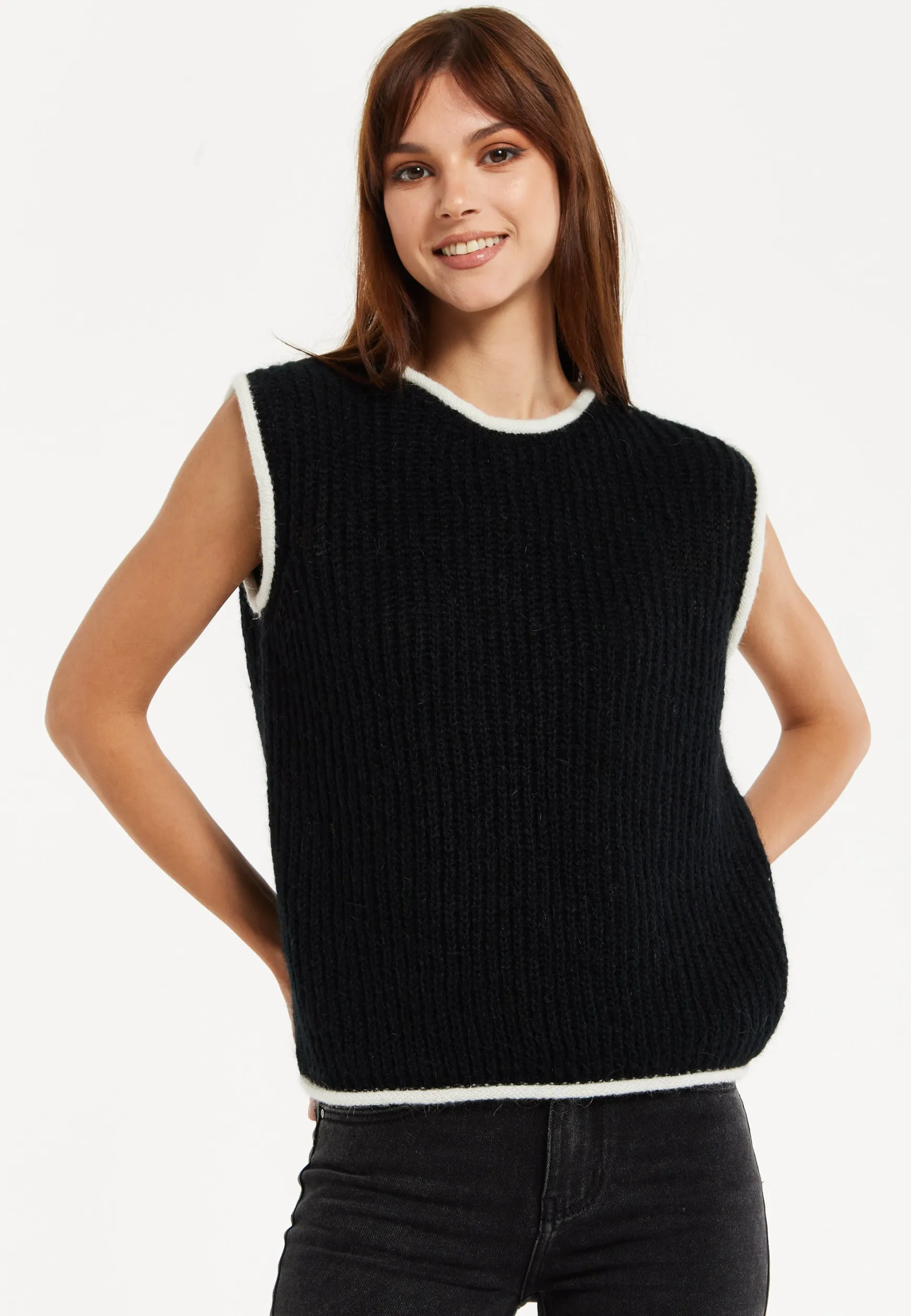 Women’s Super Soft Sleeveless Ribbed Knit Sweater Vest - Black & White with Modern Contrasting Trim