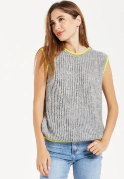 Women's Super Soft Sleeveless Ribbed Knit Sweater Vest - Grey with Contrasting White Trim