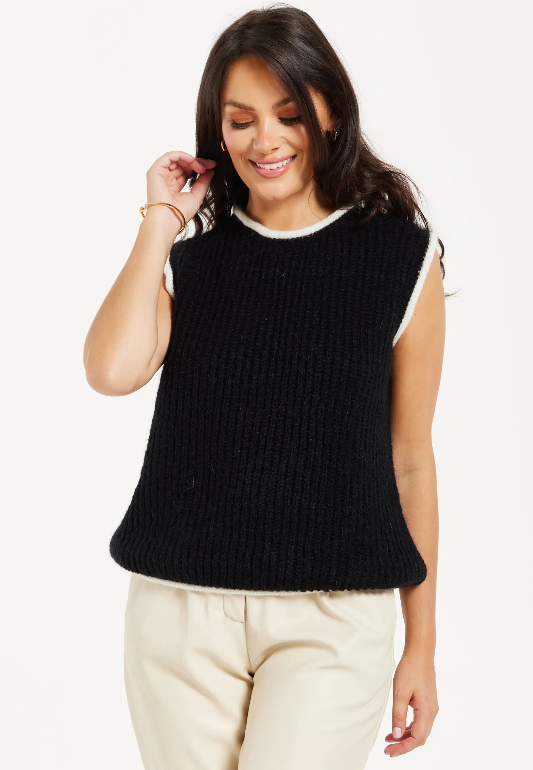 Women’s Super Soft Sleeveless Ribbed Knit Sweater Vest - Black & White with Modern Contrasting Trim