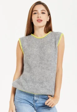 Women's Super Soft Sleeveless Ribbed Knit Sweater Vest - Grey with Contrasting White Trim