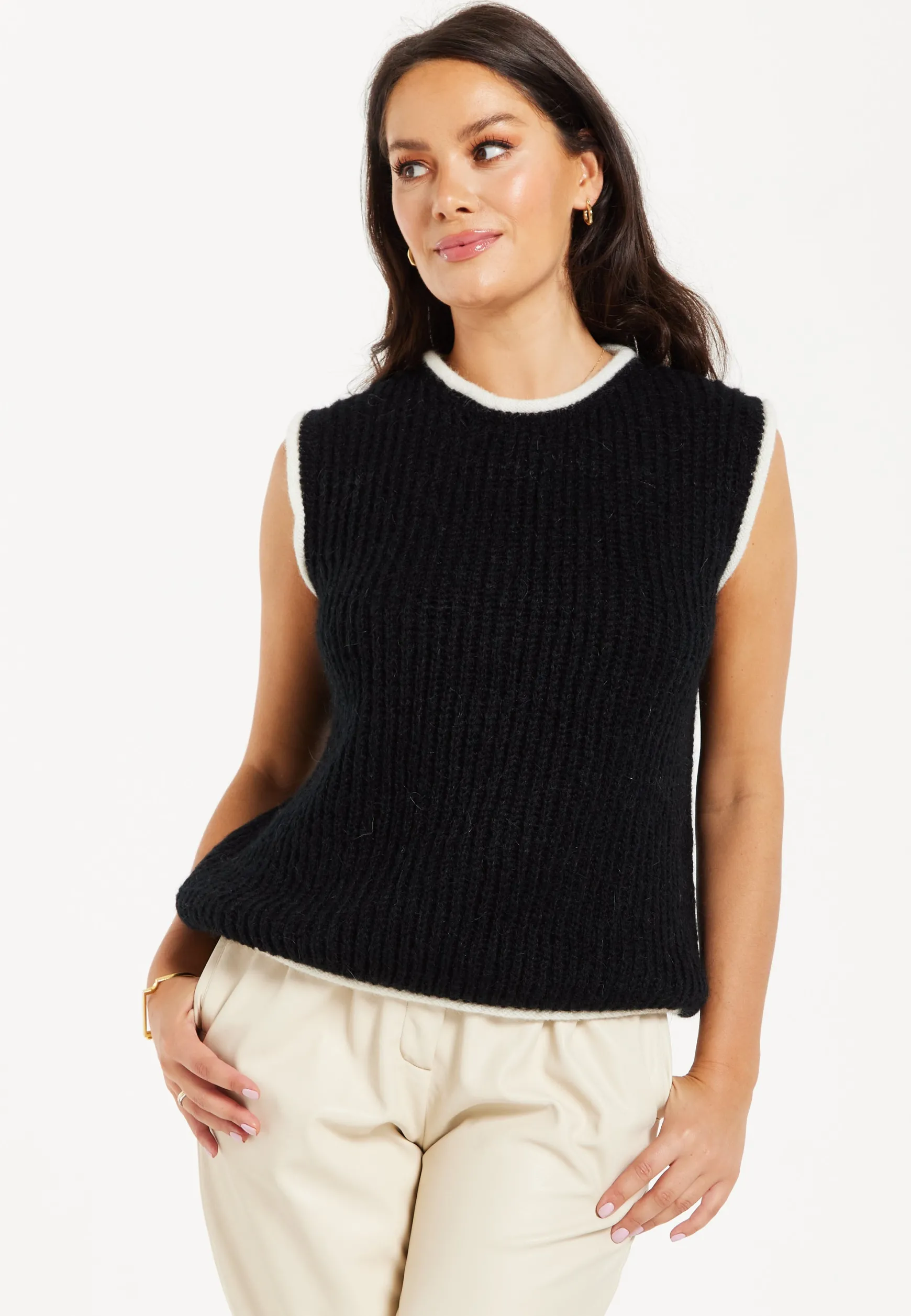 Women’s Super Soft Sleeveless Ribbed Knit Sweater Vest - Black & White with Modern Contrasting Trim