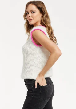 Women's Super Soft Sleeveless Ribbed Knit Sweater Vest - White & Pink with Contrast Trim for Versatile Styling