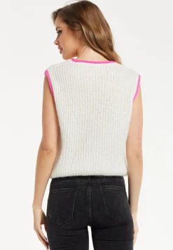 Women's Super Soft Sleeveless Ribbed Knit Sweater Vest - White & Pink with Contrast Trim for Versatile Styling