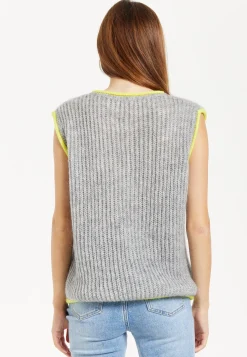 Women's Super Soft Sleeveless Ribbed Knit Sweater Vest - Grey with Contrasting White Trim
