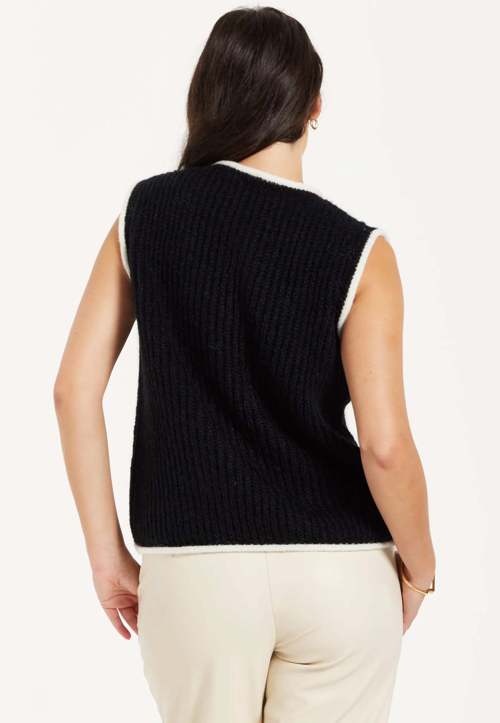 Women’s Super Soft Sleeveless Ribbed Knit Sweater Vest - Black & White with Modern Contrasting Trim