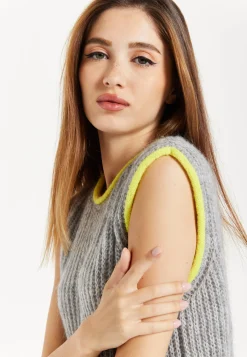 Women's Super Soft Sleeveless Ribbed Knit Sweater Vest - Grey with Contrasting White Trim