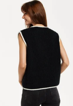 Women’s Super Soft Sleeveless Ribbed Knit Sweater Vest - Black & White with Modern Contrasting Trim