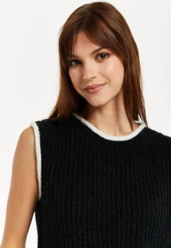 Women’s Super Soft Sleeveless Ribbed Knit Sweater Vest - Black & White with Modern Contrasting Trim
