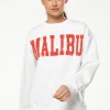 Women’s Sweatshirt with Malibu Print in White - Cozy, Classic Round Neck, Full-Length Sleeves, Ribbed Cuffs, Regular Fit.