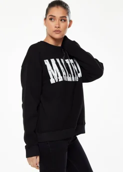 Women’s Sweatshirt with Malibu Print in Black - Classic Round Neck, Long Sleeves, Comfortable Fit, Versatile Style