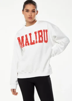 Women’s Sweatshirt with Malibu Print in White - Cozy, Classic Round Neck, Full-Length Sleeves, Ribbed Cuffs, Regular Fit.