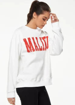 Women’s Sweatshirt with Malibu Print in White - Cozy, Classic Round Neck, Full-Length Sleeves, Ribbed Cuffs, Regular Fit.