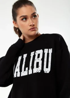 Women’s Sweatshirt with Malibu Print in Black - Classic Round Neck, Long Sleeves, Comfortable Fit, Versatile Style