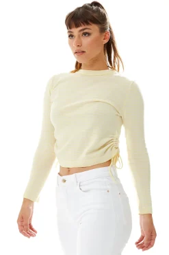 Women's Top in Yellow and White Stripes with Long Sleeves and Tie Details for Effortless Style