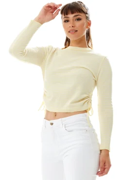 Women's Top in Yellow and White Stripes with Long Sleeves and Tie Details for Effortless Style