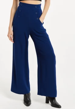 Women's Trousers - High Waist Navy Wide Leg with Front Buttons & Zip-Side Fastening, Liquorish