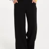 Women's Trousers - High Waist Black Wide Leg Pants with Front Buttons and Pockets, Fits Small to Size, Liquorish