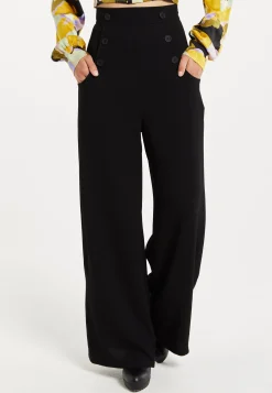 Women's Trousers - High Waist Black Wide Leg Pants with Front Buttons and Pockets, Fits Small to Size, Liquorish