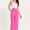 Women's Trousers - High Waist Pink Wide Leg with Front Buttons & Pockets, Zip-Side Fastening, Liquorish