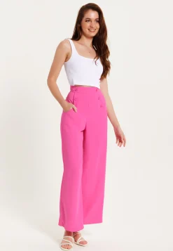 Women's Trousers - High Waist Pink Wide Leg with Front Buttons & Pockets, Zip-Side Fastening, Liquorish
