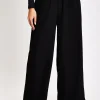 Women's Trousers - High Waist Black Wide Leg with Front Pockets, Elasticated Waist, Regular Fit - Liquorish