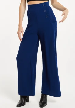 Women's Trousers - High Waist Navy Wide Leg with Front Buttons & Zip-Side Fastening, Liquorish