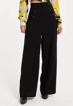 Women's Trousers - High Waist Black Wide Leg Pants with Front Buttons and Pockets, Fits Small to Size, Liquorish