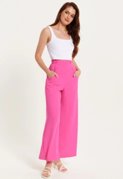 Women's Trousers - High Waist Pink Wide Leg with Front Buttons & Pockets, Zip-Side Fastening, Liquorish