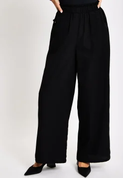Women's Trousers - High Waist Black Wide Leg with Front Pockets, Elasticated Waist, Regular Fit - Liquorish