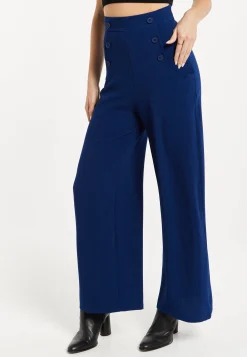 Women's Trousers - High Waist Navy Wide Leg with Front Buttons & Zip-Side Fastening, Liquorish